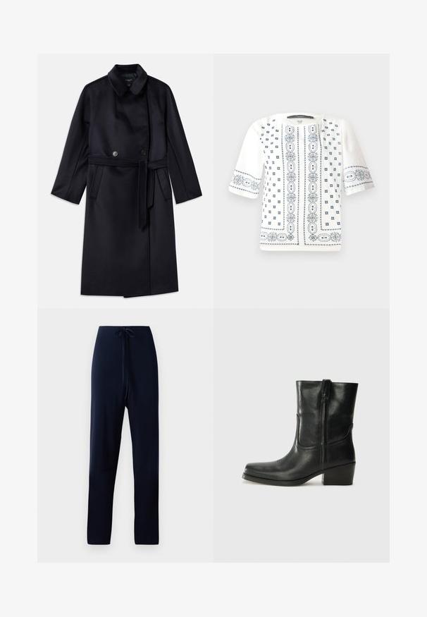 Navy wool blend coat with a notched collar, double-breasted buttons, belted waist, side pockets, and mid-length design.; White short-sleeve blouse featuring blue floral embroidery, a round neckline, and intricate patterns along the front and sleeves.; Navy blue trousers made of soft fabric, featuring a drawstring waist, straight legs, and a smooth texture without patterns or accents.; Black leather ankle boot with a rounded toe, block heel, side zipper, and stitching accents on the vamp. Smooth texture, classic design.