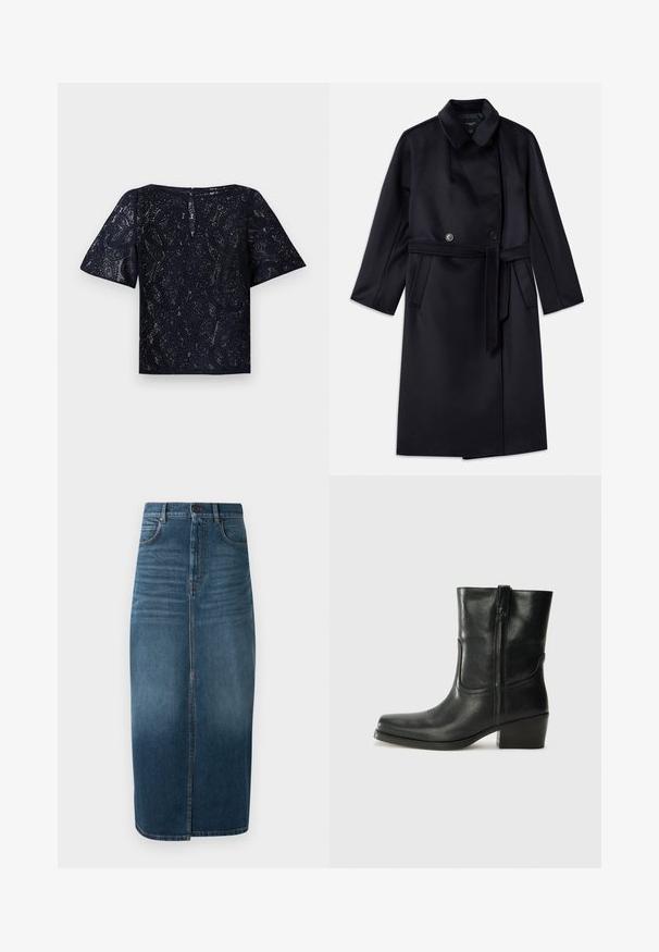 Cappotto in misto lana navy con colletto a punta, bottoni doppi, cintura in vita, tasche laterali e design di lunghezza media.; Top in pizzo blu navy con maniche corte, scollo rotondo e chiusura a bottoni sul retro. Motivo paisley intricato su tutto il capo.; Gonna midi in denim di colore indaco scuro, con spacco frontale e una leggera sfumatura. Design classico a cinque tasche con chiusura a bottone in metallo.; Stivale ankle in pelle nera con punta arrotondata, tacco a blocco, cerniera laterale e dettagli in cucitura sulla tomaia. Texture liscia, design classico.
