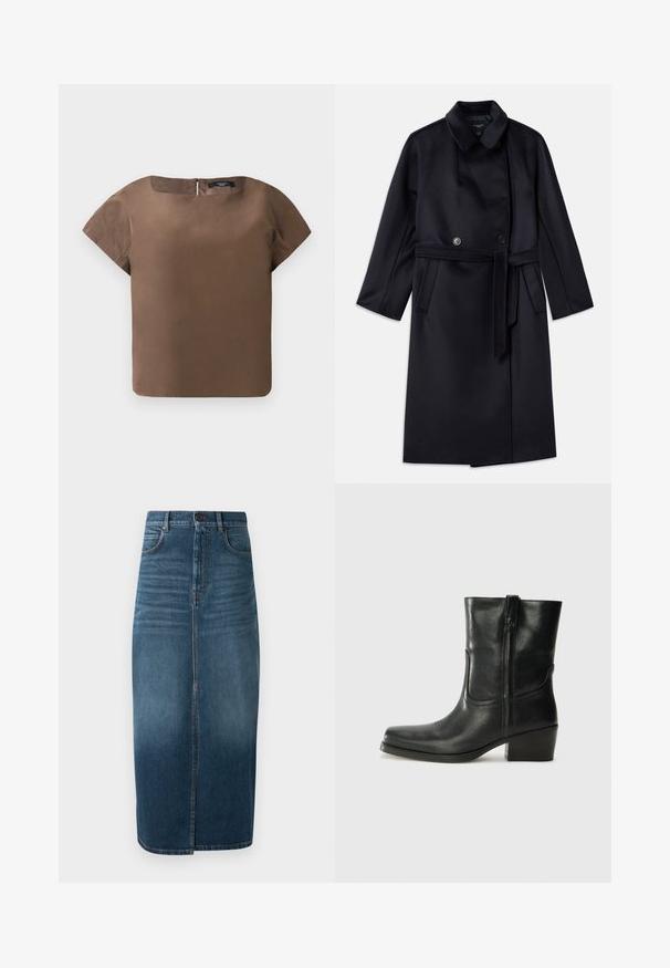 Marineblå uldblandingsfrakke med spidse kraver, dobbeltknaplukning, bælte i taljen, sidelommer og mellemlang design.; Brun kortærmet top med rund halsudskæring og lynlås i ryggen. Lavet af glat stof, der har en ren, firkantet silhuet uden mønstre.; Denim midi nederdel i mørk indigo med en forkant split og let falming. Klassisk fem-lomme design med metal knaplukning.; Sort læder ankelstøvle med rundt tå, blokhæl, lynlås i siden og stikninger på vampsiden. Glat tekstur, klassisk design.