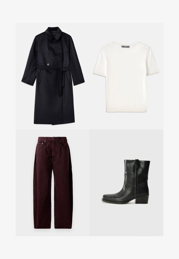 Tengerészkék gyapjú keverék kabát, reveres gallérral, dupla gombolással, övvel ellátott derékkal, oldalsó zsebekkel és középhosszú kialakítással.; Fehér, rövid ujjú kötött felső, kerek nyakkivágással, sima textúrával és diszkrét bordázott részletekkel az ujjain és az alján.; Burgonya színű, bő szárú farmernadrág, pamut denim anyagból, magas derékkal, elülső zsebekkel és látható varrással. Klasszikus öt zsebes kialakítás.; Fekete bőr bokacsizma lekerekített orral, blokk sarkúval, oldalsó cipzárral és varrásos díszítéssel az elején. Simább textúra, klasszikus dizájn.