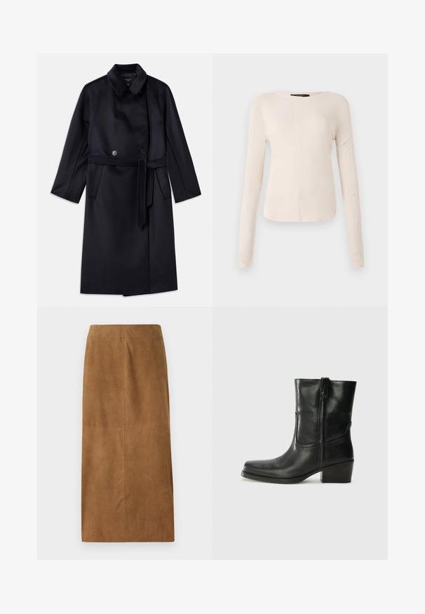Marineblå uldblandingsfrakke med spidse kraver, dobbeltknaplukning, bælte i taljen, sidelommer og mellemlang design.; Langærmet, lys beige top med rund halsudskæring. Lavet af blødt stof, har en central søm og let buet kant. Der er ingen synlige metaldele.; Brun ruskind midi-nederdel med lige snit, glat tekstur og rene sømme. Har ingen synlige lukninger eller yderligere detaljer.; Sort læder ankelstøvle med rundt tå, blokhæl, lynlås i siden og stikninger på vampsiden. Glat tekstur, klassisk design.