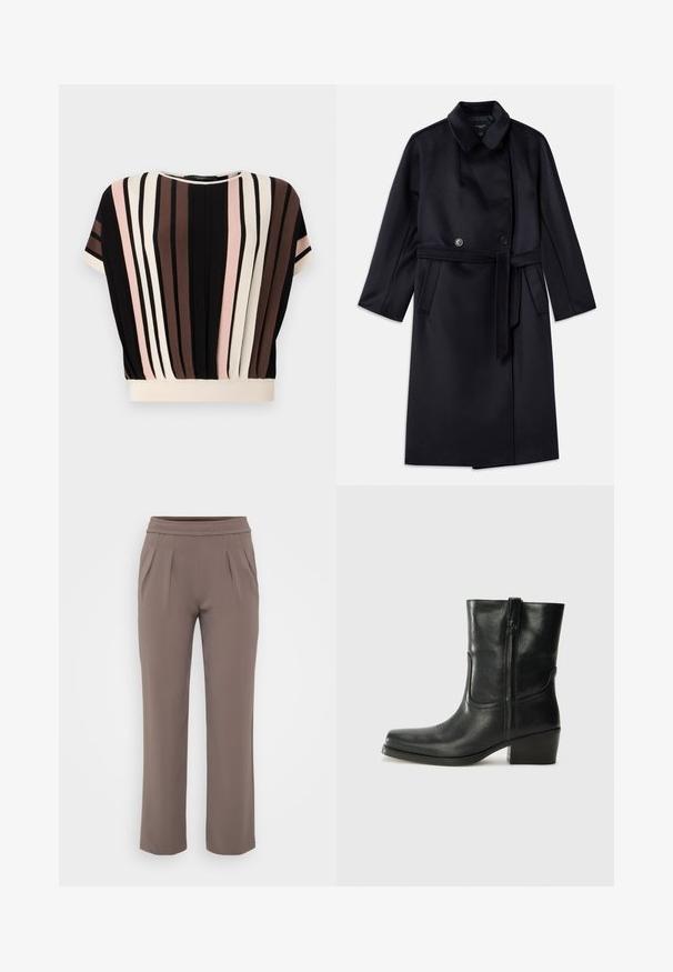 Manteau en mélange de laine bleu marine avec un col à revers, boutons double boutonnage, taille ceinturée, poches latérales et design mi-long.; T-shirt à manches courtes avec des rayures verticales en noir, crème, rose et marron. Présente un col rond et une coupe décontractée avec un ourlet crème.; Pantalons amples taupe avec taille élastique et plis à l'avant, fabriqués en tissu lisse.; Bottine en cuir noir avec un bout rond, un talon carré, une fermeture éclair sur le côté et des coutures décoratives sur l'empeigne. Texture lisse, design classique.