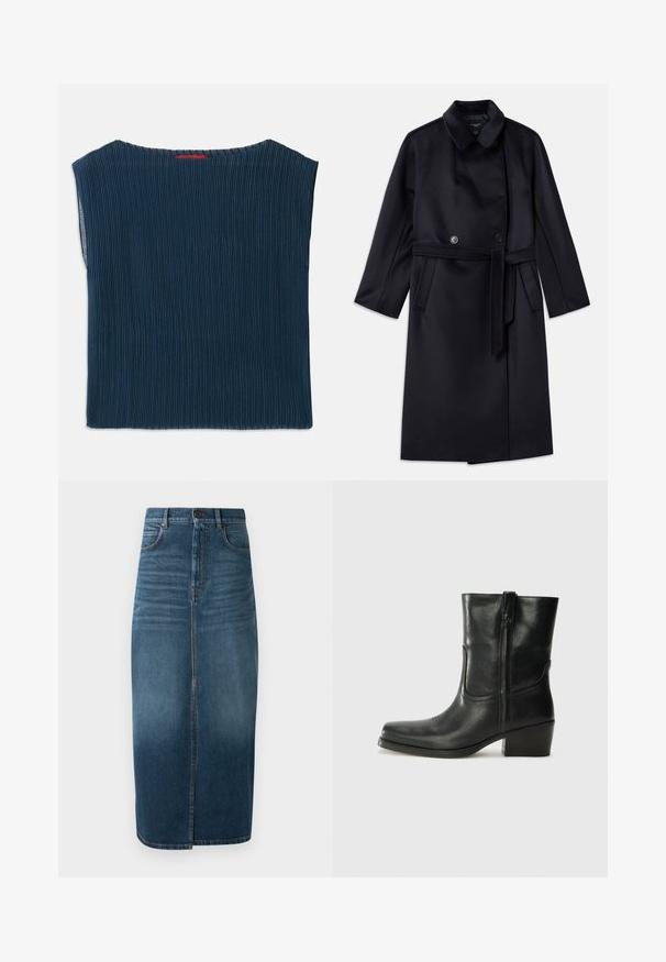 Marineblå uldblandingsfrakke med spidse kraver, dobbeltknaplukning, bælte i taljen, sidelommer og mellemlang design.; Mørkeblå ribbet stoftop med en bred udskæring og korte ærmer. Lige snit med færdige kanter. Ingen synlige mønstre eller hardware.; Denim midi nederdel i mørk indigo med en forkant split og let falming. Klassisk fem-lomme design med metal knaplukning.; Sort læder ankelstøvle med rundt tå, blokhæl, lynlås i siden og stikninger på vampsiden. Glat tekstur, klassisk design.