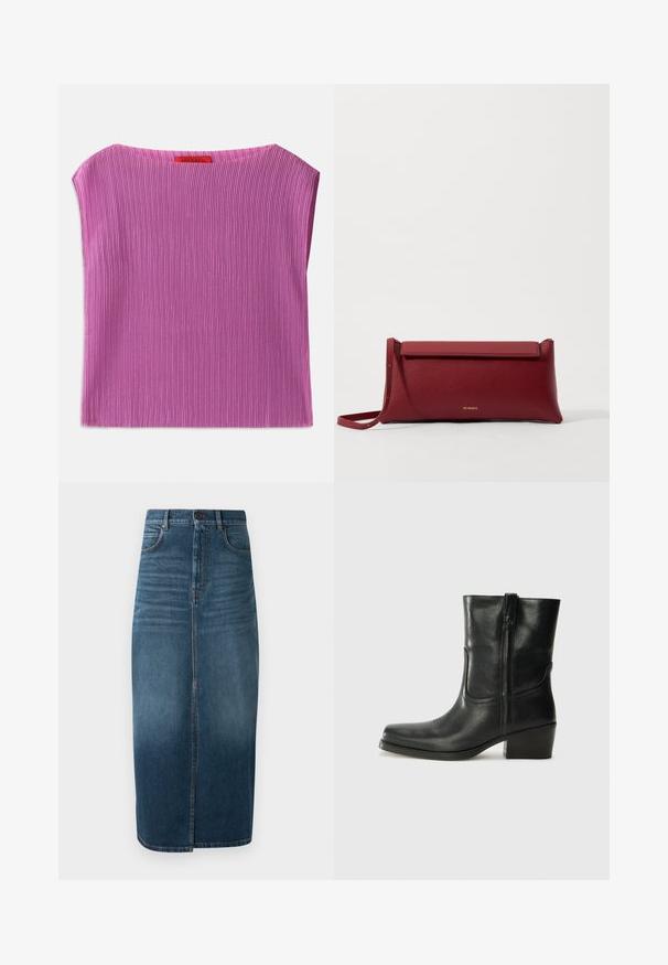 Marineblauer Wollmischmantel mit Reverskragen, doppelt-knöpfigem Verschluss, tailliertem Gürtel, Seitentaschen und mittellangem Design.; Texturiertes, ärmelloses Oberteil in Hellrosa mit rundem Ausschnitt und vertikalem Rippenmuster. Tag auf der Rückseite mit Markenname sichtbar.; Denim-Midi-Rock in dunklem Indigo, mit einem vorderen Schlitz und leichtem Verblassen. Klassisches Fünf-Taschen-Design mit metallischem Knopfverschluss.; Schwarze Leder-Ankle Boots mit runder Zehenform, Blockabsatz, seitlichem Reißverschluss und gestickten Akzenten auf dem Blatt. Glatte Textur, klassisches Design.; Rote Leder-Clutch mit strukturiertem Finish, ausgestattet mit einem flachen Klappdeckel und einem kurzen Tragegriff. Diskretes Markenlogo auf der Vorderseite.