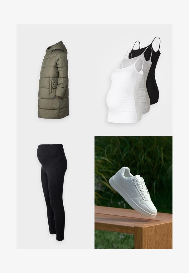 Casaco puffer feminino em verde oliva. Possui capuz, fecho de correr em toda a extensão, dois bolsos laterais e um design acolchoado com costura horizontal.; Três tops de maternidade sem mangas em branco, cinza e preto. Tecido elástico com alças ajustáveis e costuras laterais franzidas para maior conforto.; Leggings de maternidade pretas com uma cintura alta, feitos em material elástico. Apresentam uma textura suave e um design ajustado para conforto.; Sapatilha branca com um cabedal sintético liso, caixa dos dedos perfurada, atacadores planos e uma sola texturizada, exposta sobre uma superfície de madeira.