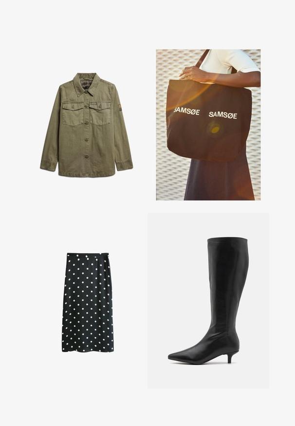 Giacca a maniche lunghe verde oliva, realizzata in tessuto morbido. Presenta due tasche frontali, una chiusura con bottoni e un marchio sul petto e sulla manica.; Top nero cropped con maniche corte a sbuffo, scollatura rotonda e trama di tessuto liscia, caratterizzato da un design semplice senza fantasie o decorazioni.; Next PETITE FIT - Gonna lunga - polka dot; RAID ALPINE - Stivali alti - black; Borsa tote nera in tela, con testo bianco "SAM SøE" stampato su entrambi i lati. Forma rettangolare con manici robusti e finitura opaca.