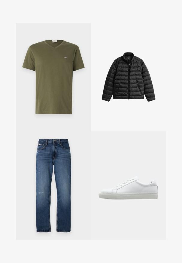 Svart vadderad jacka med dragkedja framtill, hög krage och horisontellt quiltat mönster. Har två dragkedjefickor och en logotyp på bröstet.; Olivgrön t-shirt av mjuk bomull med v-ringning, korta ärmar och en liten grafisk logotyp på övre vänstra bröstet.; Blå denimjeans med rak bendesign. Har urtvättade områden och lätt slitage på framsidan, samt en klassisk knappstängning.; Vit sneaker med en slät läderövre och låg profil. Har en rundad tå, sex snörhål och en strukturerad gummisula.