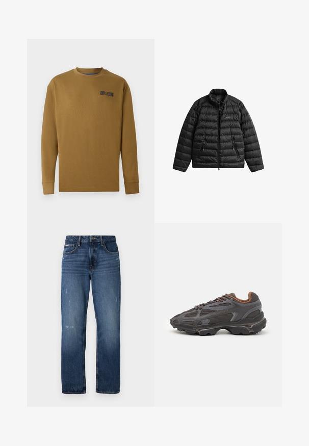 Melnā pūkaina jaka ar rāvējslēdzēju priekšpusē, augstu apkakli un horizontālu šūtu dizainu. Ir divas kabatas ar rāvējslēdzējiem un uz krūtīm logotips.; Garš sleeves, apļa kakla T-kreklā brūnā kokvilnā. Iekļauj melnu logotipu kreisajā krūtī un ribotas aproces. Gluda tekstūra, regulāra piegriezuma.; Zilas džinsu bikses ar taisnu kāju dizainu. Iezīmējas ar izbalējusiem laukumiem un vieglu nolietojumu priekšpusē, kā arī klasisku pogu aizdari.; Lacoste kedas tumši pelēkā krāsā ar acu audumu un sintētisko materiālu, ar teksturētu zoli un brūniem akcentiem apkaklītē un zīmola uzrakstā.