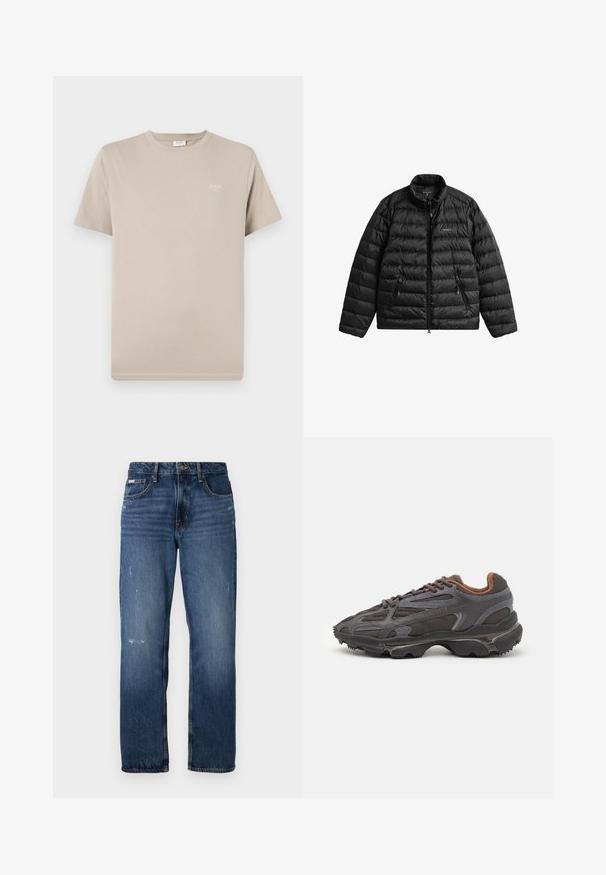 Fekete steppelt dzseki elülső cipzárral, magas gallérral és vízszintes steppelt mintával. Két cipzáras zsebbel és egy logóval a mellkason.; Rövid ujjú, bézs színű póló, pamutból készült. Kerek nyakkivágással rendelkezik, és a bal felső részen egy kis logó található. Simaszerkezetű.; Kék farmernadrág egyenes lábvágással. Halványodott területekkel és enyhe kopással az elülső részén, klasszikus gombzárással.; Sötét szürke Lacoste sportcipők hálós és szintetikus anyagból, textúrázott talppal és barna díszítésekkel a nyak részen és a logón.