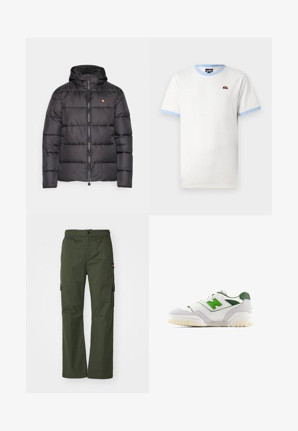 Black puffer jacket with a hood, featuring horizontal quilted sections and a front zipper. Includes a small logo on the chest.; White cotton t-shirt with light blue ribbed collar and sleeve edges. Features a small red and orange logo on the chest. Classic fit.; Olive green cargo pants with a button closure, elastic waistband, and side pockets, made from lightweight fabric with a smooth texture.; White sneaker with green accents, made of leather and suede. Features a textured upper, padded collar, and a rubber sole with visible tread.