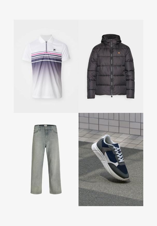 Black puffer jacket with a hood, featuring horizontal quilted sections and a front zipper. Includes a small logo on the chest.; White polo shirt with short sleeves, front zipper, horizontal stripes in purple, pink, and gray, and a small black logo on the chest.; Light gray, loose-fitting jeans made of denim. Features a classic five-pocket design, belt loops, and a straight leg silhouette.; Sneaker featuring a navy blue mesh upper, gray suede accents, white rubber sole, and flat white laces, designed for comfort and breathability.