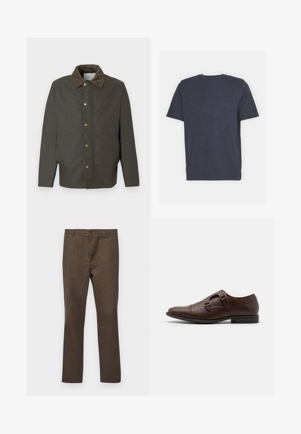 Mørkebrun jakke med kordfløyelskrage, frontknapper med trykknapp og sidelommer, vist på en ensfarget hvit bakgrunn.; Marineblå T-skjorte med rund hals laget av myk bomullsblanding, med korte ermer og vanlig passform. Ingen synlige mønstre eller accenter.; Brune bomullsbukser med rett ben-design, med knappelukking og beltehemper, glatt tekstur uten mønstre eller detaljer.; Brune lærdressko med spiss tå, utstyrt med to justerbare spenner og et strømlinjeformet lavprofil design. Flat svart gummisåle.