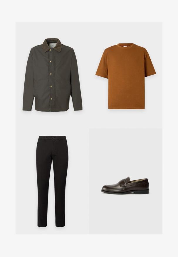 Jachetă maro închis cu guler din catifea, cu nasturi pe față și buzunare laterale, expusă pe un fundal alb simplu.; Tricou scurt cu maneci, de culoare maro, confecționat dintr-un material moale, cu guler rotund și croială lejeră, având un tiv drept. Fără modele sau accente vizibile.; Chino negri cu o croială slim, realizati dintr-o țesătură din fibră de bumbac. Înfățișează un sistem de închidere cu nasture în față și cinci buzunare. Textură netedă, detalii minime.; Calvin Klein Pantofi slip-on - cocoa brown