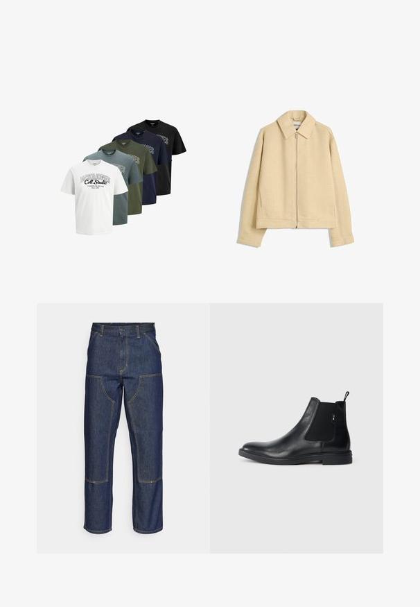 Beige, gestructureerde zip-up jack met een kraag, lange mouwen en twee zijzakken. Wafelbreipatroon door de stof.; Vijf opgevouwen korte mouwen crew neck t-shirts in het wit, blauw, groen, marineblauw en zwart met de tekst "JACK & JONES Coll. Studio" op de voorkant gedrukt.; Donkerblauwe denim jeans met een hoge taille, rechte pijpen, contrasterende stiksels en opgestikte zakken aan de voorkant.; Zwarte leren Chelsea-boots met elastische zijpanelen, een treklipje en een vlakke rubberen zool. Gladde textuur met minimale details.