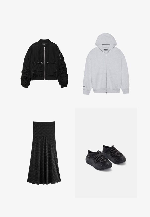 Black bomber jacket made of textured fabric, featuring a front zipper, two zippered pockets, and gathered sleeves for added detail.; Gray zip-up hoodie made of soft fabric. Features a large hood, front pockets, and printed text on the left sleeve.; Next REGULAR FIT - Maxi skirt - black; Black athletic shoes with a textured rubber sole, padded fabric upper, elastic laces, and pull tabs at the heel for easy wear.