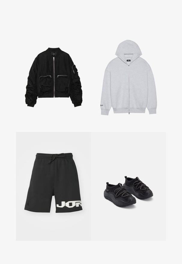 Svart bomberjacka i texturerad tyg, med dragkedja fram, två fickor med dragkedja och samlade ärmar för extra detalj.; Grå zip-up hoodie i mjukt tyg. Har en stor huva, framfickor och tryckt text på vänster ärm.; Jordan Träningsbyxor - black; Svarta sportskor med en texturerad gummisula, vadderad tygöverdela, elastiska snören och dragflikar vid hälen för enkel påtagning.