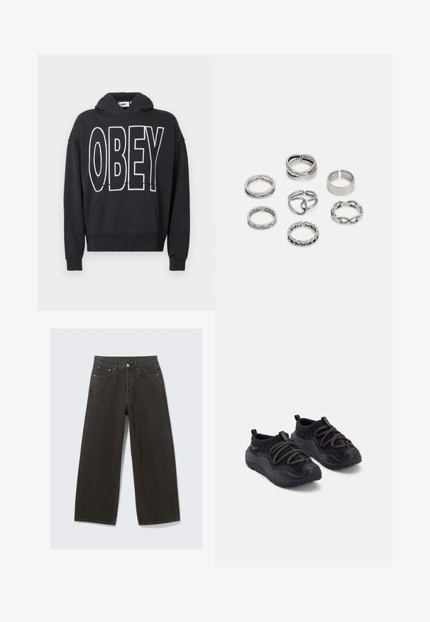Melnā bumbiera jaka, izgatavota no faktūras auduma, ar priekšējo rāvējslēdzēju, divām kabatām ar rāvējslēdzējiem un saplākšņotiem piedurknēm, lai pievienotu papildu detaļas.; Melns džemperis ar kapuci no kokvilnas, ar lielu baltu "OBEY" logotipu priekšpusē, kengura kabatu un ribotām aprocēm un apakšmali.; Plati melni džinsi ar augstu jostas daļu, piecu kabatu dizainu un pogu aizdari. Audums ir mīksts un ar teksturētu apdari.; Melni sporta apavi ar strukturētu gumijas zoli, ar mīkstu auduma augšdaļu, elastīgām šņorēm un vilkšanas cilpām uz papēža, lai tos būtu viegli uzvilkt.; Septi sudraba gredzeni ar dažādām dizaina iezīmēm, ieskaitot savītas, savienotas un iegravētas formas. Atšķirīgas formas un platumi.