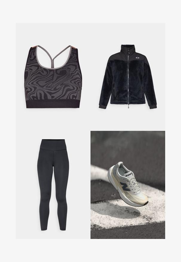 Giacca in poliestere nera con colletto alto, chiusura a zip e tasche laterali; presenta una sezione superiore nera a contrasto e il logo Oakley.; Top sportivo nero con un motivo grigio che vortica, dotato di scollatura a barca e design a racerback. Realizzato in tessuto a maglia testurizzato.; Leggings neri a vita alta realizzati in materiale elastico, con una texture liscia e un design aderente, caratterizzati da dettagli di cucitura minimi.; Scarpa da corsa New Balance con tomaia in rete grigio chiaro, intersuola color crema, dettagli grigio scuro e un design elegante e aerodinamico.