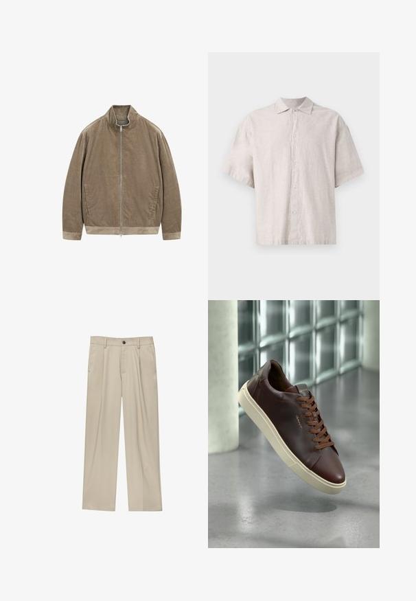 Brun corduroyjakke med ribbet tekstur, høj krave, frontlynlås og to sidelommer. Løs pasform med kontrastbånd ved kanten.; Lys grå kortærmet skjorte lavet af linned. Har en knaplukning foran, flad krave og en afslappet pasform med en blød tekstur.; Beige bukser med lige snit, der har en enkelt sort knap, bæltestropper og sidelommer. Glat stoftekstur og minimalistisk design.; Brune lædersneaker med rund tå, brune snørebånd og en beige gummisål. Har minimal branding på siden.