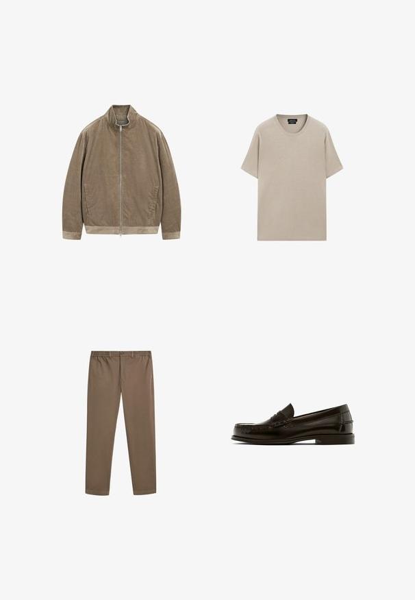 Brun corduroyjakke med ribbet tekstur, høj krave, frontlynlås og to sidelommer. Løs pasform med kontrastbånd ved kanten.; Beige bomulds t-shirt med rund hals, korte ærmer og en afslappet pasform. Glat tekstur med et enkelt design, uden synlige mønstre eller accenter.; Brune bomulds chinos med lige ben design, elastisk talje og forlommer. Glat tekstur og minimale syningsdetaljer.; Brune læderloafer med rund tå, dekorativ syning og lav hæl. Glat tekstur med minimal hardware og klassisk design.