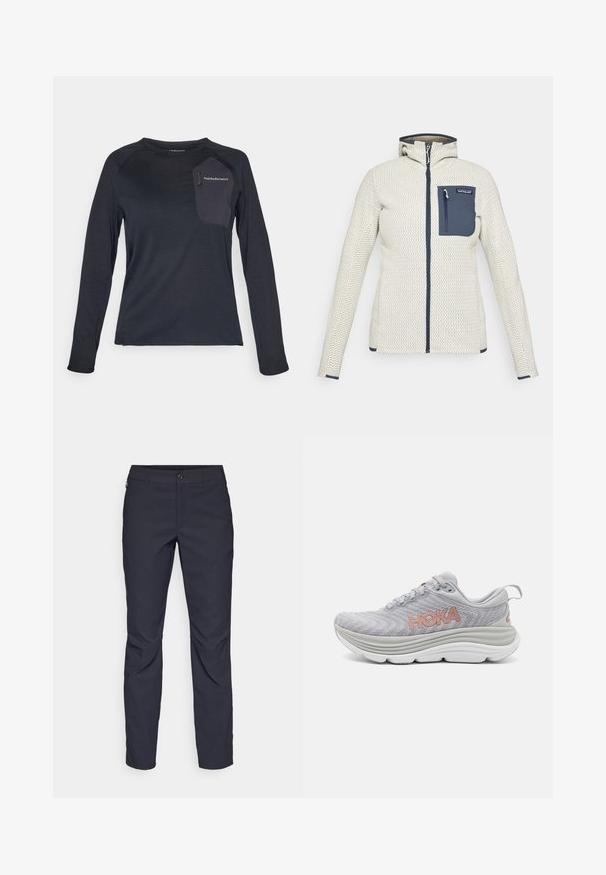Cream textured jacket with front zipper, blue zippered chest pocket, and hood.; Long-sleeve dark navy technical shirt, featuring a textured body, contrasting fabric pocket, and Peak Performance logo on the chest.; Navy blue pants made of smooth fabric, featuring a front button closure, slim-fit design, and creased detailing at the knees.; HOKA GAVIOTA 5 - Road running shoes - harbor mist/rose gold