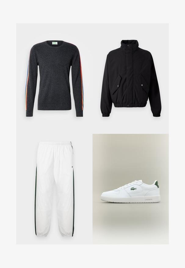 Melnā, pufīgā jaka ar augstu apkakli, slēgšanas pogām, elastīgām aprocēm un divām priekšējām kabatām. Iespējota izsmalcināta logo uz krūšu daļas.; Tumši pelēks džemperis ar garām piedurknēm, kuram gar plecu daļu ir varavīksnes svītras. Izgatavots no mīkstas auduma, ar apaļu kakla izgriezumu.; Baltas sporta bikses ar tumši zaļām sānu joslām. Viegls materiāls, elastīga josta un aproces apakšā. Satur acu auduma tekstūru sānu joslās.; Baltas ādas sneakers ar gludu apdari, zaļiem akcentiem uz papēža un zaļu logotipu sānos. Iezīmē platu zoli un apaļu pirkstu.