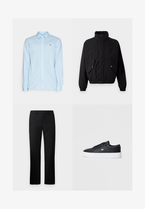 Giacca nera imbottita con colletto alto, bottoni a pressione, polsini elasticizzati e due tasche anteriori. Presenta un logo discreto sul petto.; Camicia a maniche lunghe blu chiaro realizzata in tessuto liscio, con colletto classico, chiusura frontale con bottoni e un piccolo logo verde sul petto.; Pantaloni neri su misura con design a gamba dritta, realizzati in tessuto morbido. Presentano un davanti piatto e una vita alta media.; Sneaker in pelle nera con punta arrotondata, lacci tono su tono e colletto imbottito. Presenta una suola piatta bianca e un piccolo logo accentato.