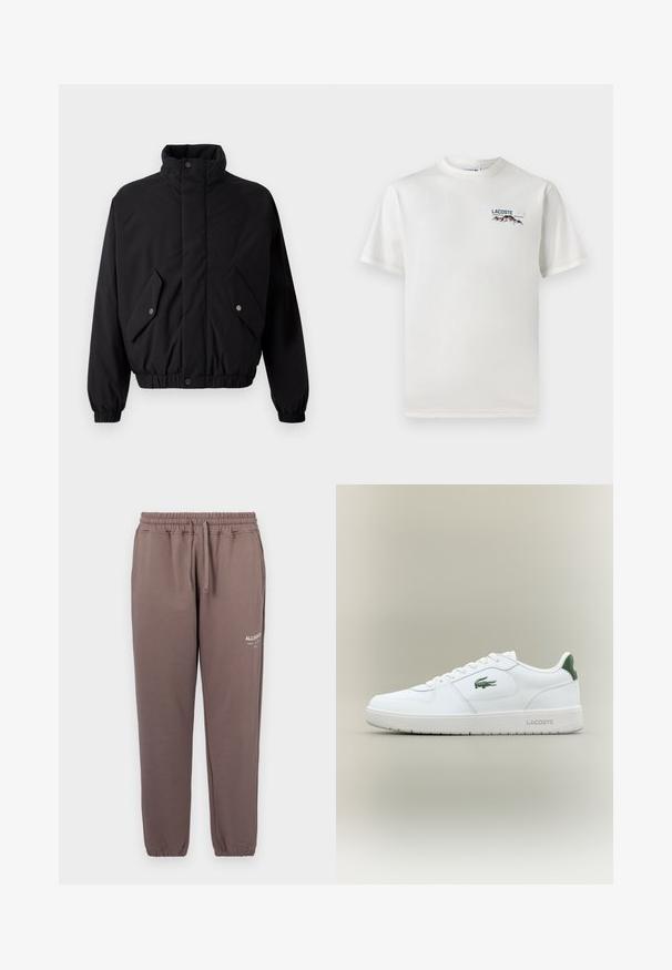 Zwarte, gewatteerde jas met hoge kraag, drukknoopsluiting, elastische manchetten en twee voorzakken. Heeft een subtiele logo op de borst.; Witte katoenen T-shirt met een ronde hals, korte mouwen en een klein geborduurd logo met bergen en tekst op de linkerborst.; Bruine katoenen joggers met een elastische tailleband en boorden, voorzien van een klein wit logo op het linkerbeen.; Witte leren sneaker met een gladde afwerking, groene accenten op de hak en een groen logo aan de zijkant. Beschikt over een platte zool en een ronde neus.