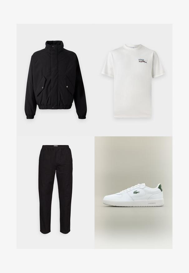 Geacă neagră, căptușită, cu guler înalt, butoni prin presare, manșete elastice și două buzunare frontale. Prezină un logo subtil pe piept.; Tricou alb din bumbac, cu guler rotund, mâneci scurte și un mic logo brodat care înfățișează munți și text pe partea stângă a pieptului.; Samsøe Samsøe SAJABARI TROUSERS - Pantaloni - black; Tenisuli din piele albă cu un finisaj neted, accesorii verzi pe tocul încălțămintei și un logo verde pe lateral. Dispune de o talpă plată și vârf rotund.