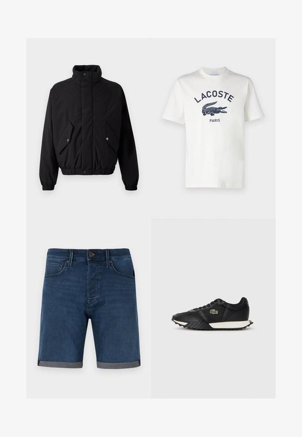 Black, padded jacket with high collar, snap buttons, elastic cuffs, and two front pockets. Features a subtle logo on the chest.; White cotton t-shirt with short sleeves, featuring a navy Lacoste logo and crocodile graphic centered on the chest. Soft texture.; Denim shorts in dark blue with a rolled grey hem. Features classic five-pocket design and a button closure at the waist.; Black sneakers with a smooth leather finish, featuring a textured rubber sole, white midsole, and a green embroidered logo on the side.