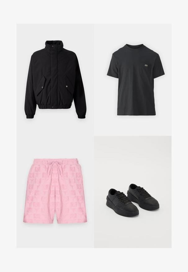 Geacă neagră, căptușită, cu guler înalt, butoni prin presare, manșete elastice și două buzunare frontale. Prezină un logo subtil pe piept.; Tricou din bumbac negru, cu mâneci scurte, decolteu rotund și un mic logo verde pe buzunarul stâng al pieptului. Design simplu, fit normal.; Pantaloni scurți roz cu o talie elastică și șnur; prezintă un model texturat cu logo-uri și simboluri pe întreaga țesătură.; Tenisi negri din piele netedă, cu o talpă amortizată. Caracteristicile includ șireturi plate, perforații pe vârf și un profil elegant.