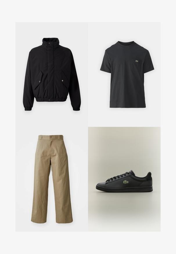 Casaco preto acolchoado com colarinho alto, botões de pressão, punhos elásticos e dois bolsos frontais. Apresenta um logótipo discreto no peito.; Camiseta de algodão preta com mangas curtas, decote redondo e um pequeno logo verde no bolso do peito esquerdo. Design simples, corte regular.; Calças largas em caqui, feitas de um tecido de mistura de algodão, com fecho de botão único e bolsos laterais visíveis. Textura suave, detalhe de pregas.; Sapatilha de couro preta de cano baixo com atacadores pretos, apresentando um logótipo de crocodilo verde na lateral, colocada sobre um fundo neutro simples.