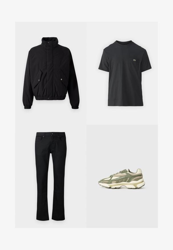 Casaco preto acolchoado com colarinho alto, botões de pressão, punhos elásticos e dois bolsos frontais. Apresenta um logótipo discreto no peito.; Camiseta de algodão preta com mangas curtas, decote redondo e um pequeno logo verde no bolso do peito esquerdo. Design simples, corte regular.; Jeans pretos de perna reta com bolsos frontais e para moeda, passantes para cinto e fecho com botão e zip.; Tênis Lacoste em malha verde e bege, com sola grossa, sobreposições texturizadas e fechamento com cadarços, apresentando a marcação na lateral.