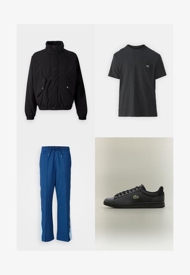 Svart, polstret jakke med høy krage, trykknapper, elastiske mansjetter og to frontlommer. Har et diskret logo på brystet.; Svart bomull t-skjorte med korte ermer, rund hals og en liten grønn logo på venstre brystlomme. Enkelt design, normal passform.; Mørkeblå idrettsbukser laget av myk stoff, med snor i livet og lyseblå sidelapper med et subtilt mønster.; Sorte lavoyer skinnesko med svarte snørebånd og en grønn krokodillelogo på siden, plassert mot en enkel nøytral bakgrunn.