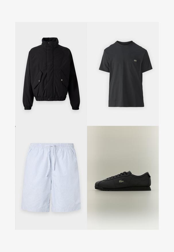 Czarna, pikowana kurtka z wysokim kołnierzem, zatrzaskami, elastycznymi mankietami i dwiema przednimi kieszeniami. Posiada subtelne logo na piersi.; Czarna bawełniana koszulka z krótkim rękawem, okrągłym dekoltem i małym zielonym logo na lewej kieszeni piersiowej. Prosty design, regularny krój.; Niebieskie i białe kąpielówki w paski, wykonane z lekkiego materiału, wyposażone w elastyczny pas ze sznurkiem oraz boczne kieszenie.; Czarne niskie trampki z długim sznurowaniem, teksturowaną podeszwą i złotym logo krokodyla po boku.