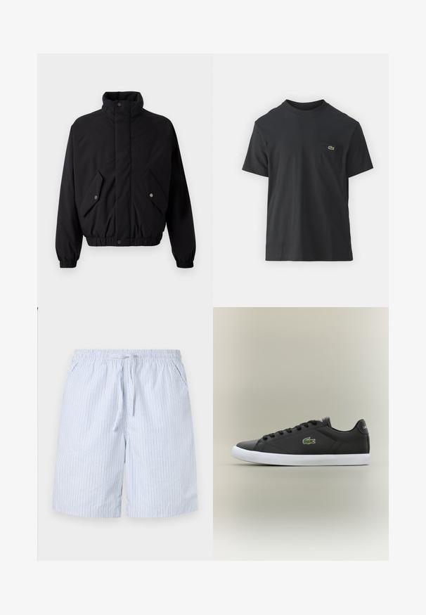 Svart, polstret jakke med høy krage, trykknapper, elastiske mansjetter og to frontlommer. Har et diskret logo på brystet.; Svart bomull t-skjorte med korte ermer, rund hals og en liten grønn logo på venstre brystlomme. Enkelt design, normal passform.; Blå og hvite stripete badeshorts laget av lett materiale, med elastisk midjebånd og snøring samt sidelommer.; Svarte lær sneakers med hvit gummisåle, med grønt krokodillelogo og runde snører, elegant design med glatt tekstur.