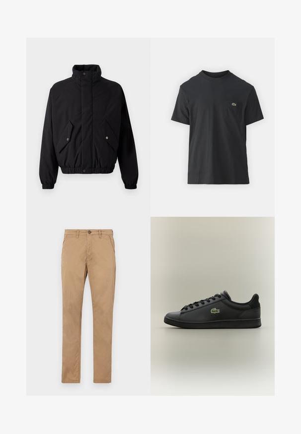 Svart, polstret jakke med høy krage, trykknapper, elastiske mansjetter og to frontlommer. Har et diskret logo på brystet.; Svart bomull t-skjorte med korte ermer, rund hals og en liten grønn logo på venstre brystlomme. Enkelt design, normal passform.; Brune, rette chinos laget av bomull. Har en frontknapp, glidelås og sidelommer med jevn tekstur og ingen synlige mønstre.; Sorte lavoyer skinnesko med svarte snørebånd og en grønn krokodillelogo på siden, plassert mot en enkel nøytral bakgrunn.