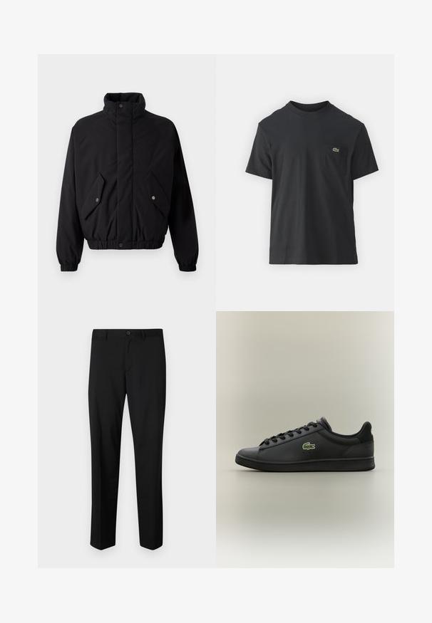 Zwarte, gewatteerde jas met hoge kraag, drukknoopsluiting, elastische manchetten en twee voorzakken. Heeft een subtiele logo op de borst.; Zwarte katoenen t-shirt met korte mouwen, ronde halslijn en een klein groen logo op de linkerkant van de borstzak. Eenvoudig ontwerp, normale pasvorm.; Zwarte op maat gemaakte broek met een platte voorkant, standaard taille en rechte pijpen. Gemaakt van een gladde stof, met een enkele knoopsluiting.; Zwarte leren sneaker met lage schacht en zwarte veters, met een groen krokodillenlogo aan de zijkant, tegen een neutrale achtergrond.