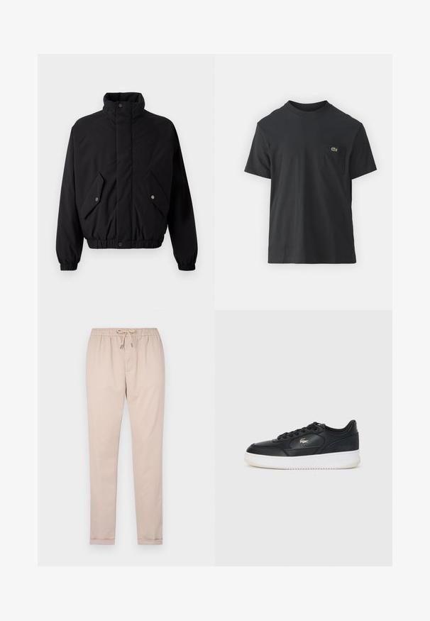 Musta, vuorattu takki, jossa on korkea kaulus, nepparinnit, joustavat hihansuut ja kaksi etutaskua. Rintakehässä on huomaamaton logo.; Mustat puuvillapaidat, joissa on lyhyet hihat, pyöreä pääntie ja pieni vihreä logo vasemmassa rintataskussa. Yksinkertainen muotoilu, normaali istuvuus.; Vaaleanbeige housut, jotka on valmistettu pehmeästä kankaasta. Niissä on joustava vyötärö, jonka saa kiristettyä narulla, kapenevat lahkeet ja käänteet lahkeensuissa.; Mustat nahkakengät valkoisella pohjalla, joissa on pyöreä kärki, nauhoitus ja hienovarainen logo sivussa. Rakenteellinen yläosa korostaa kengän tyyliä.