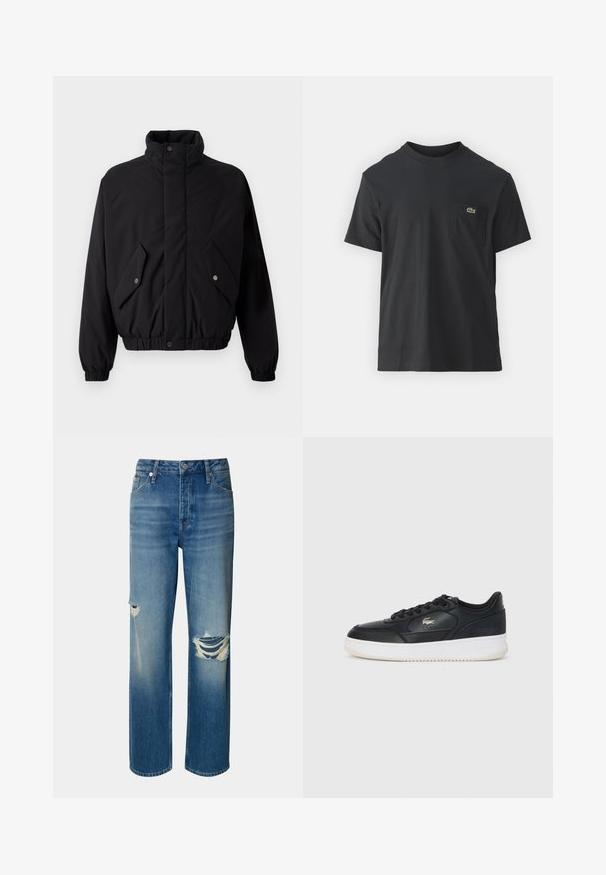 Musta, vuorattu takki, jossa on korkea kaulus, nepparinnit, joustavat hihansuut ja kaksi etutaskua. Rintakehässä on huomaamaton logo.; Mustat puuvillapaidat, joissa on lyhyet hihat, pyöreä pääntie ja pieni vihreä logo vasemmassa rintataskussa. Yksinkertainen muotoilu, normaali istuvuus.; Vaaleansiniset farkut, joissa on korkea vyötärö, suorat lahkeet ja kuluneet repeämät molemmissa polvissa. Ominaisuudet klassinen viiden taskun muotoilu ja nappikiinnitys.; Mustat nahkakengät valkoisella pohjalla, joissa on pyöreä kärki, nauhoitus ja hienovarainen logo sivussa. Rakenteellinen yläosa korostaa kengän tyyliä.