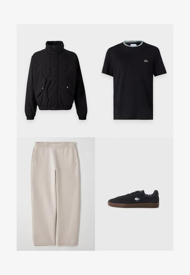 Svart, polstret jakke med høy krage, trykknapper, elastiske mansjetter og to frontlommer. Har et diskret logo på brystet.; Svart bomull T-skjorte med rund hals, med hvit og grønn stripete kant og brodert grønn krokodillelogo på venstre bryst.; Beige joggebukser laget av mykt stoff, med bred linning, sidelommer og smale ben for en avslappet passform.; Sorte semsket sneakers med gummisåle, rund tå, snøring foran, og et krokodillemerke på siden. Lærhelt i svart.