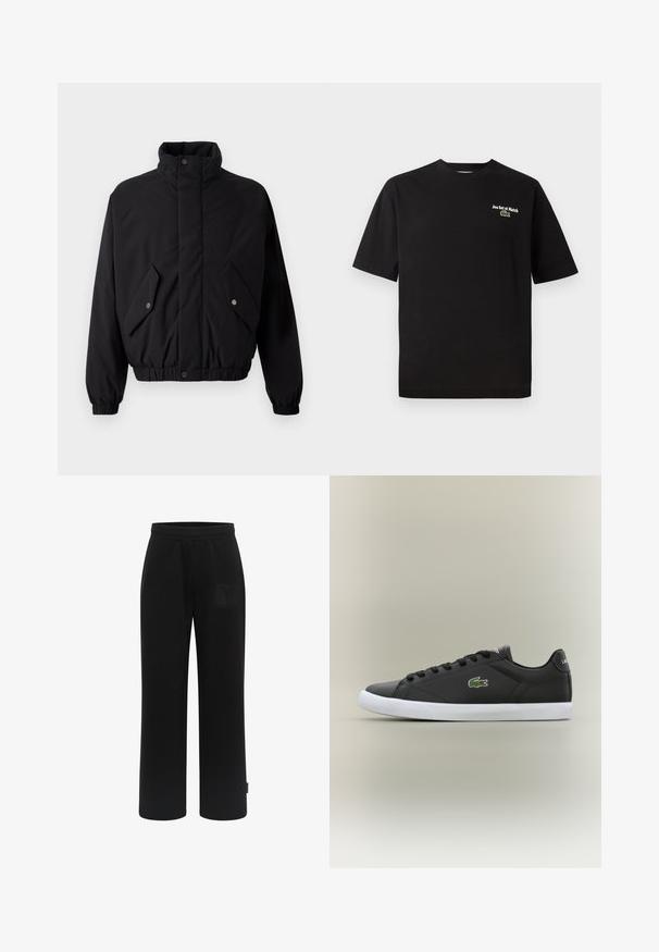 Sort, polstret jakke med høj krave, trykknapper, elastiske manchetter og to forlommer. Har et diskret logo på brystet.; Sort bomulds t-shirt med korte ærmer, rund hals, med teksten "Jeu Set et Match" i hvid broderi og et grønt krokodillelogo som accent.; Sorte joggerbukser lavet af blødt stof, med bred ben-design, elastisk talje og et tekstureret logo-patch på frontlommen.; Sorte lædersneakers med hvid gummisål, der har et grønt krokodillelogo og runde snørebånd, slank design med glat tekstur.