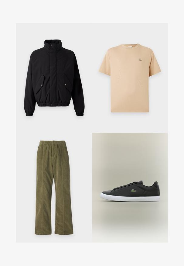 Musta, vuorattu takki, jossa on korkea kaulus, nepparinnit, joustavat hihansuut ja kaksi etutaskua. Rintakehässä on huomaamaton logo.; Beige puuvillapaita, jossa on pyöreä kaula-aukko ja lyhyt hiha; vasemmalla puolella on pieni, brodeerattu vihreä krokotiililogo.; Olivevihreät corduroy-housut, joissa on leveä lahkeiden muotoilu, joustava vyötärö ja näkyvä ompelu yksityiskohtana sivuilla.; Mustat nahkakengät valkoisella kumipohjalla, jossa on vihreä krokotiililogo ja pyöreät nauhat, sulavalinjainen muotoilu sileällä pinnalla.