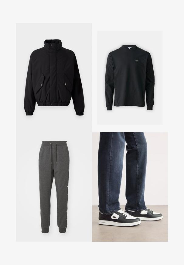 Juodas, paminkštintas švarkas su aukšta apykakle, spaudimo mygtukais, elastinėmis rankovėmis ir dviem priekinėmis kišenėmis. Ant krūtinės matomas subtilus logotipas.; Juodas ilgomis rankovėmis marškinėliai iš medvilnės, turintys apvalią iškirptę ir mažą žalią išsiuvinėtą krokodilo logotipą kairėje krūtinės pusėje.; Šviesiai pilki sportiniai džinsai, pagaminti iš minkštos medžiagos, su prisiūta švarko juosta, kulkšnų raišteliais ir spaudėmis šonuose, kad būtų lengva juos užsidegti.; Juodos ir baltos Lacoste sportbačiai su tekstūruota odine viršutine dalimi, turi raištelių užsegimą ir baltą guminį pado. Avėti su tamsiomis džinsinėmis kelnėmis.