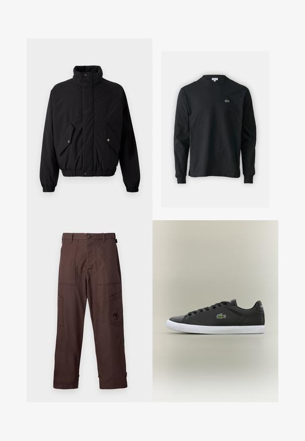 Crna, podstavljena jakna s visokim ovratnikom, snap dugmadi, elastičnim manžetama i dva prednja džepa. Ima suptilan logo na prsima.; Crna majica dugih rukava od pamuka, s okruglim izrezom i malim zelenim izvezenim logotipom krokodila s lijeve strane prsnog dijela.; Smeđe cargo hlače izrađene od izdržljive tkanine. Imaju dva bočna džepa, zatvaranje na dugme i izvezeni logo na nozi.; Crne kožne tenisice s bijelim gumenim potplatom, s zelenim krokodilom kao logotipom i okruglim vezicama, elegantnog dizajna s glatkom teksturom.