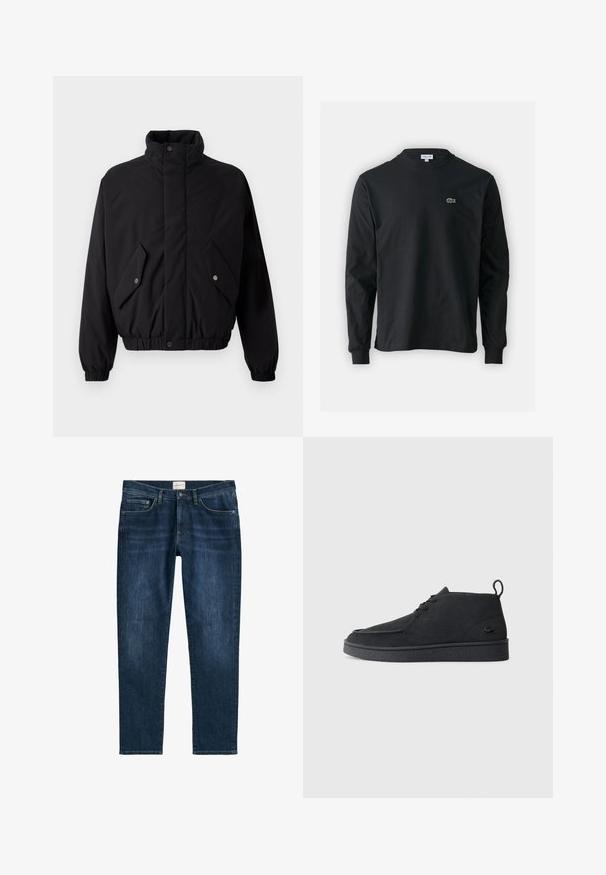 Must Black, polsterdatud jakk kõrge kraega, nööpidega lukustamine, elastsed mansetid ja kaks esikotti. Rinnas on peene logo.; Must musta särk pikad varrukad, valmistatud puuvillast, ümar kaelus ja vasakul rinnal väike rohelise värvi tikandiga krokodillilogoga.; Tumedat sinised denimizeansid sirge jala lõikega, viie tasku, vöökandikute ja kerge fade'iga. Kanga tekstuur on sile.; Must värvi sametist nööbitavad ankle-kingad tõmbluku ja tekstureeritud tallaga, millel on külgedel väike reljeefne krokodillilogo.