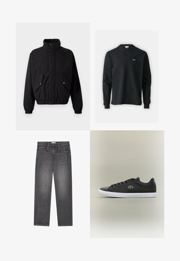 Melnā, pufīgā jaka ar augstu apkakli, slēgšanas pogām, elastīgām aprocēm un divām priekšējām kabatām. Iespējota izsmalcināta logo uz krūšu daļas.; Melna garām piedurknēm t-krekls, izgatavots no kokvilnas, ar apaļu kakla izgriezumu un mazu zaļu izšūtu krokodila logo kreisajā krūtī.; Tumši pelēki džinsu bikses ar taisnu piegriezumu, piecas kabatas, priekšējais pogu aizdare un neliela izbalēšana auduma virsmā.; Melnas ādas sporta apavas ar baltu gumijas zoli, rotāts ar zaļu krokodila logotipu un apaļām šņorēm, elegants dizains ar gludu tekstūru.