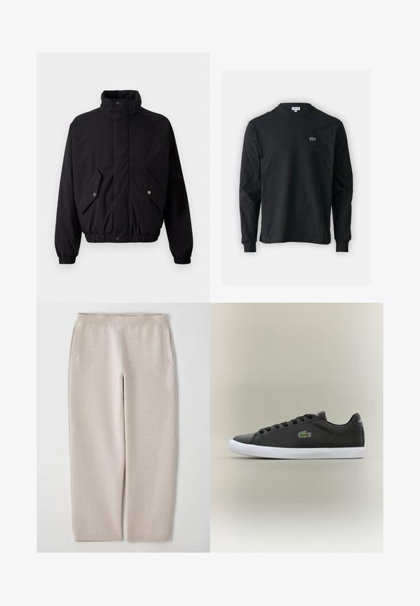 Čierna, polstrovaná bunda s vysokým golierom, cvokovými gombíkmi, elastickými manžetami a dvoma prednými vreckami. Na hrudi má jemné logo.; Čierne tričko s dlhým rukávom vyrobené z bavlny, s okrúhlym výstrihom a malým zeleným vyšívaným logom krokodíla na ľavej hrudi.; Béžové tepláky vyrobené z jemného materiálu, s širokým pásom, bočnými vreckami a zúženými nohavicami pre uvoľnený strih.; Čierne kožené tenisky s bielou gumovou podrážkou, s logom zeleného krokodíla a okrúhlymi šnúrkami, elegantný dizajn s hladkou textúrou.
