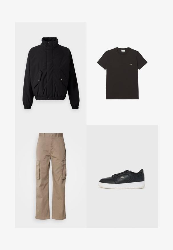 Schwarze, gepolsterte Jacke mit hohem Kragen, Druckknöpfen, elastischen Bündchen und zwei Vorderaschen. Mit einem dezenten Logo auf der Brust.; Schwarzes Baumwoll-T-Shirt mit kurzen Ärmeln und Rundhals. Verfügt über ein kleines grünes Lacoste-Krokodil-Logo auf der Brust. Glatte Textur.; Beige Cargo-Hosen aus Baumwolle mit einer lockeren Passform, zwei Seitentaschen und einem Knopfverschluss am Bund.; Schwarze Ledersneaker mit weißer Sohle, runde Spitze, Schnürverschluss und einem dezenten Logo an der Seite. Strukturierte Obermaterialakzente.