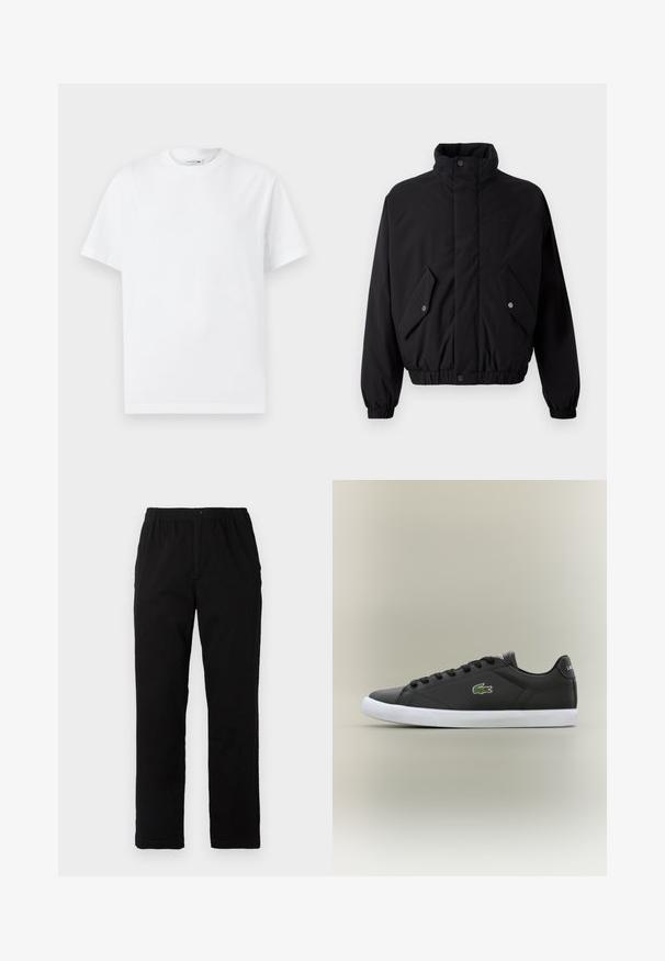 Geacă neagră, căptușită, cu guler înalt, butoni prin presare, manșete elastice și două buzunare frontale. Prezină un logo subtil pe piept.; Tricou alb din bumbac, cu guler clasic rotund, mâneci scurte și text reliefat "Lacoste Heritage" pe partea din față. Design simplu.; Pantaloni negri dintr-un material textil amestecat de bumbac, cu croială dreaptă, talie elastică cu nasture și fără modele sau accente vizibile.; Tenisi negri din piele cu talpă din cauciuc alb, având un logo verde de crocodil și șireturi rotunde, design elegant cu textură fină.